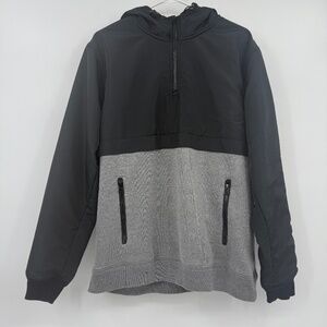 RVCA Sweater Men Large Gray Black 1/4 Zip Pullover Utility Hooded Fleece Pockets